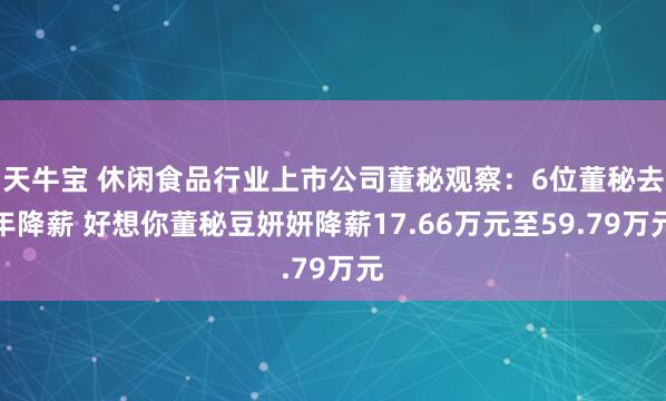 天牛宝 休闲食品行业上市公司董秘观察：6位董秘去年降薪 好想你董秘豆妍妍降薪17.66万元至59.79万元